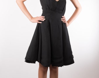 vintage 1950s mid century mod high collar bustier PINUP tulle PARTY dress lbd 50s mad men black cocktail neck cutout