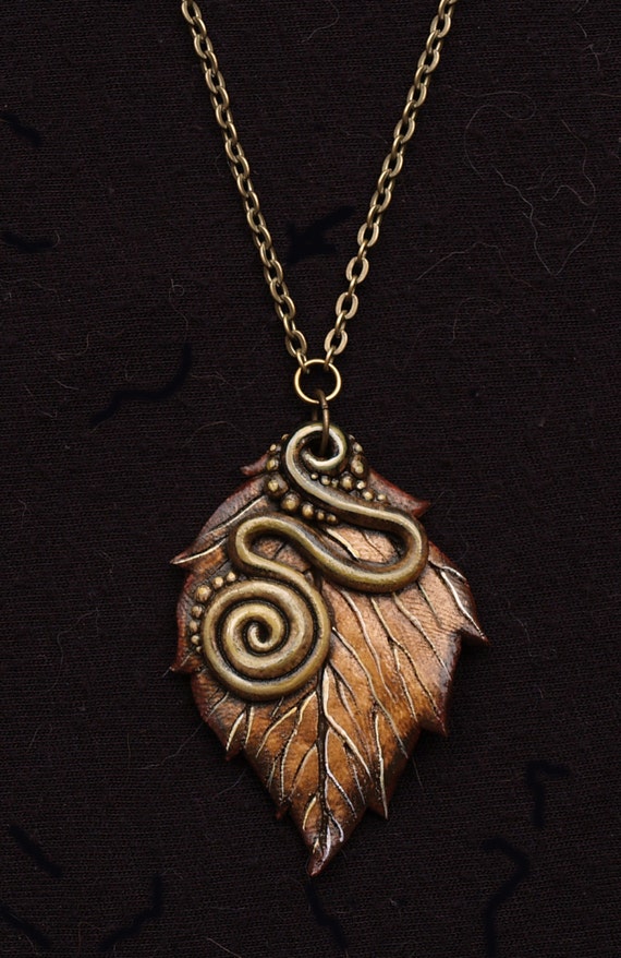 Handmade Polymer Clay Leaf Pendant OOAK Painted Watercolor