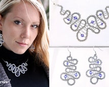 Handmade set of silver color bobbin lace necklace &amp; earrings with blue-lavander Swarovski elements - il_214x170.820079897_7fn7