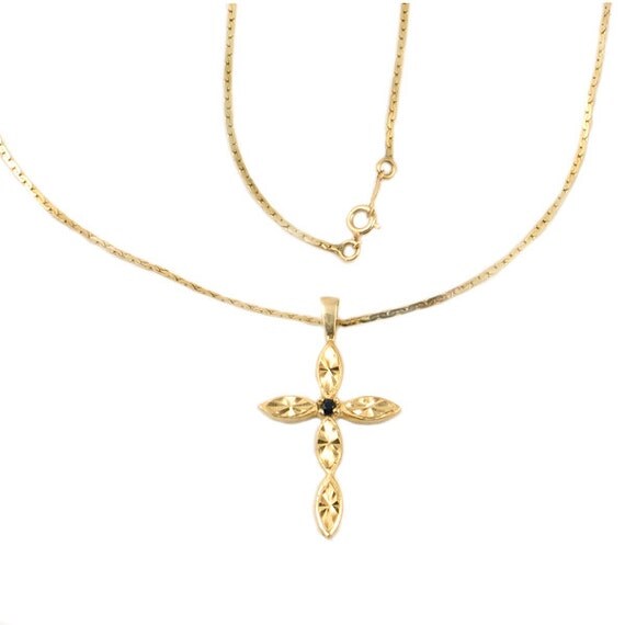 14K Gold Cross Necklace with Sapphire Accent Vintage 14K