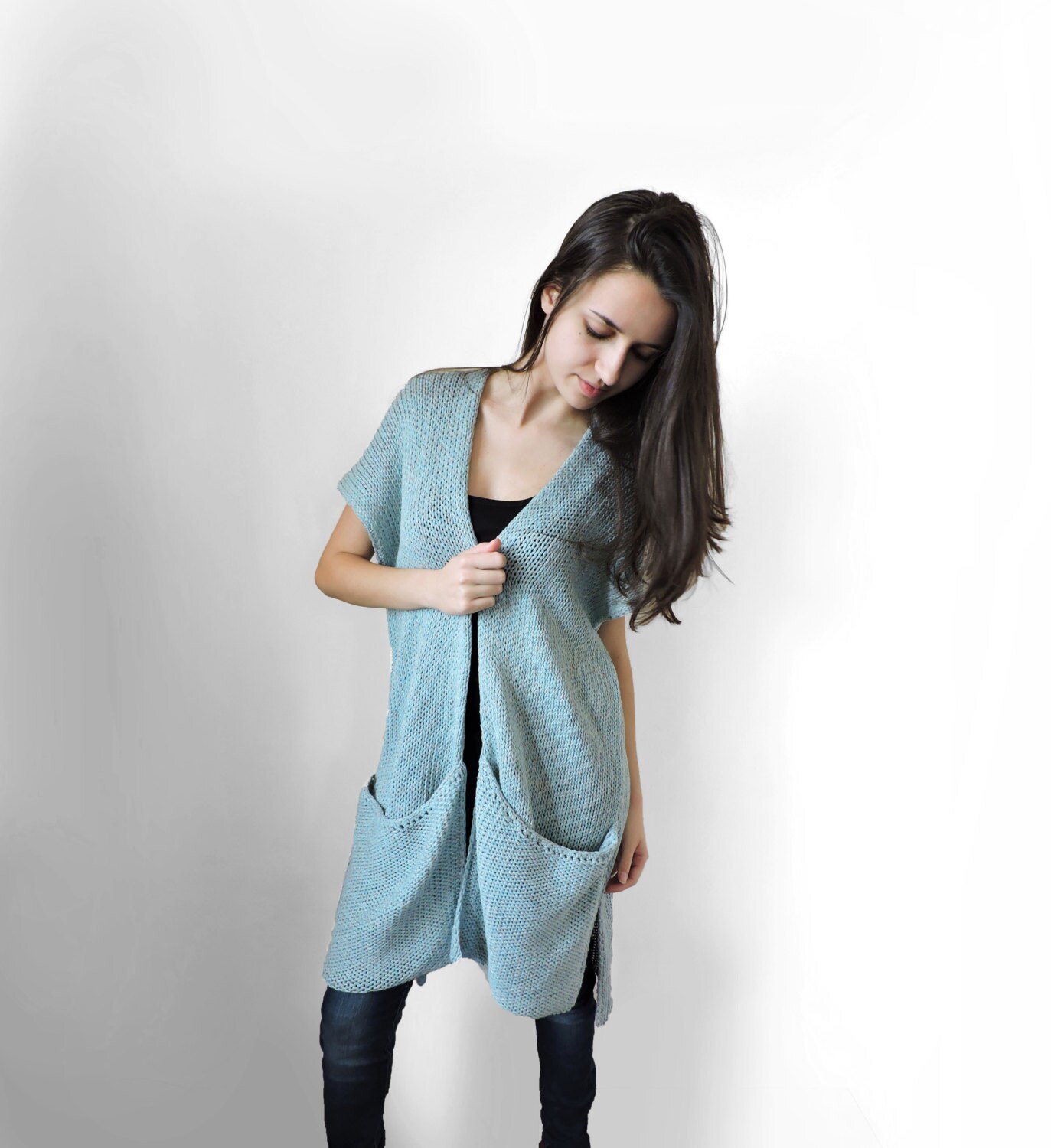 Hippie long knit vest Huge pockets Cotton light blue vest with