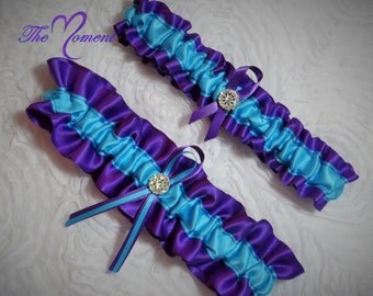 Purple and Turquoise Garter Set, Keepsake and Toss-away Garter Set, Ribbon Garter, Bridal Garter, Prom Garter, Purple Garter