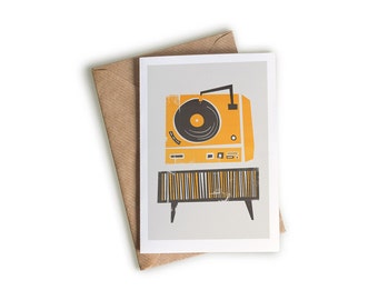 Vinyl Record Deck Card, A6 Size, Gift for Music Lover, Vinyl Junkie, Bright Illustrated Note Card, Retro Mid Century Modern Style Art