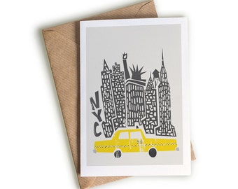 New York Card, Card For Wife, A6 Size, Blank Greeting Card, Yellow Taxi Cab, Gift for New Yorker, Empire State Building, NYC Cityscape