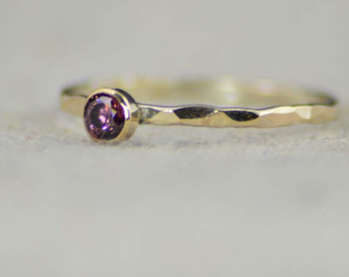 Dainty Gold Alexandrite Ring, Hammered Gold, Stackable Rings, Mother's Ring, June Birthstone Ring, Skinny Ring, Birthday Ring, 14K Gold Fill