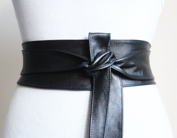 Black Shiny Leather Obi Belt Waist Cincher Belt by LoveYaaYaa