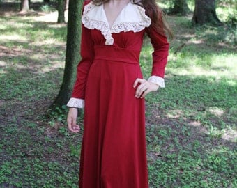 1970's Scarlet Red Victorian Maxi Dress