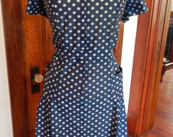Navy dress with white polka dots