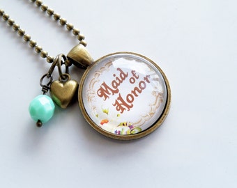 Maid Of Honor Necklace - Wedding Party Jewelry - Gift For Maid Of Honor - Wedding Necklace - Maid Of Honor Flower Bouquet Pendant