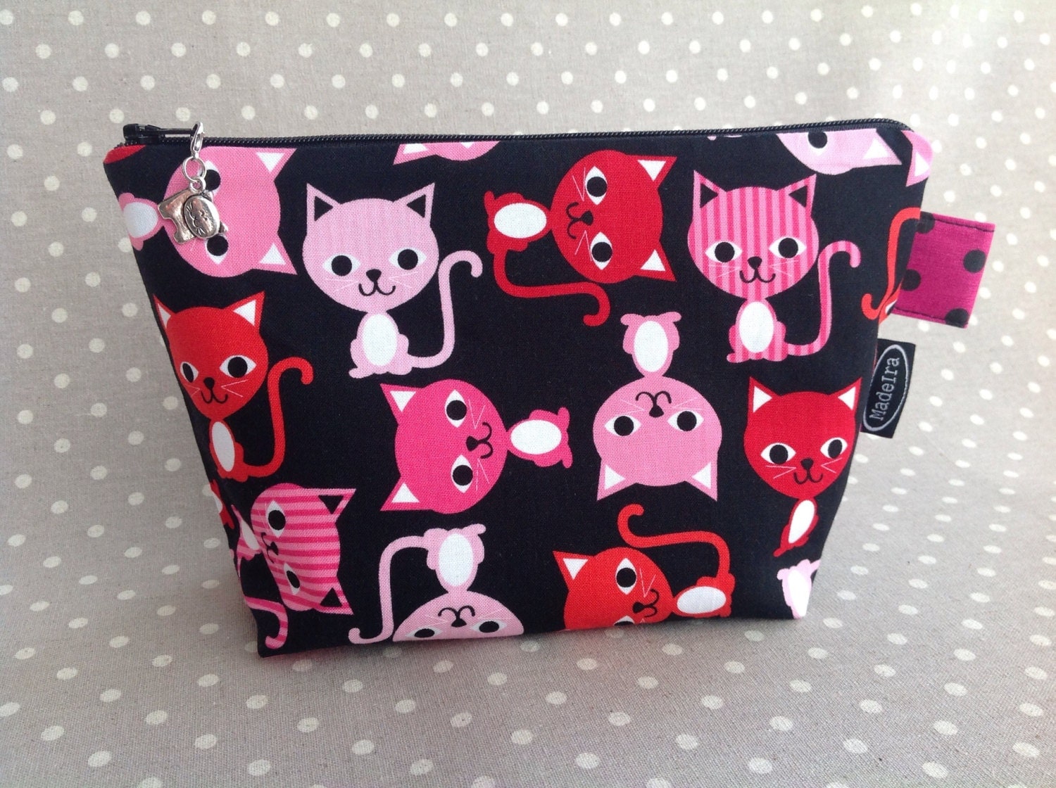Pink and black cat zipper bag knitting project bag kawaii