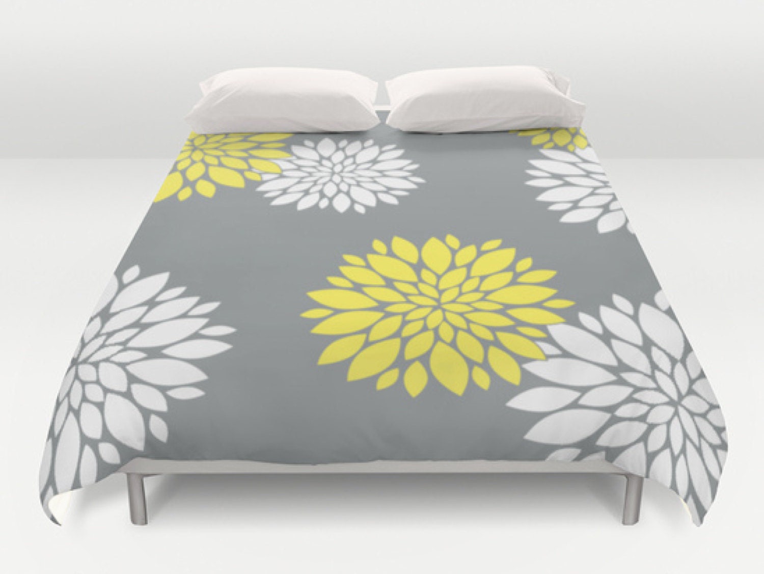 Grey Yellow Duvet Flower Cover Modern Bed King Zoom