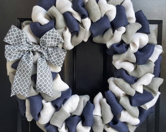 Front Door Wreath, Everyday Wreath, Fall Burlap Wreath, Navy Blue, White, & Gray Burlap Wreath with Gray Quatrefoil Bow