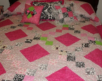 Handmade Quilt, Twin size quilt, Full size quilt, Queen size quilt, King size quilt, Girls quilt, Pink quilt, Pink and black damask quilt