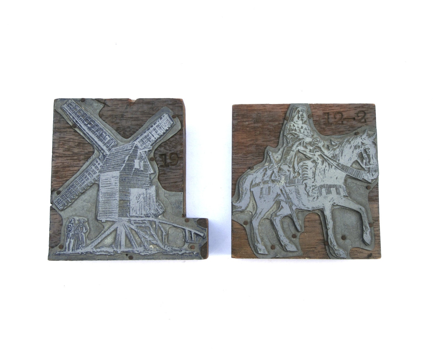 Pair of Antique Wood Block Metal Printing Plates Vintage Art