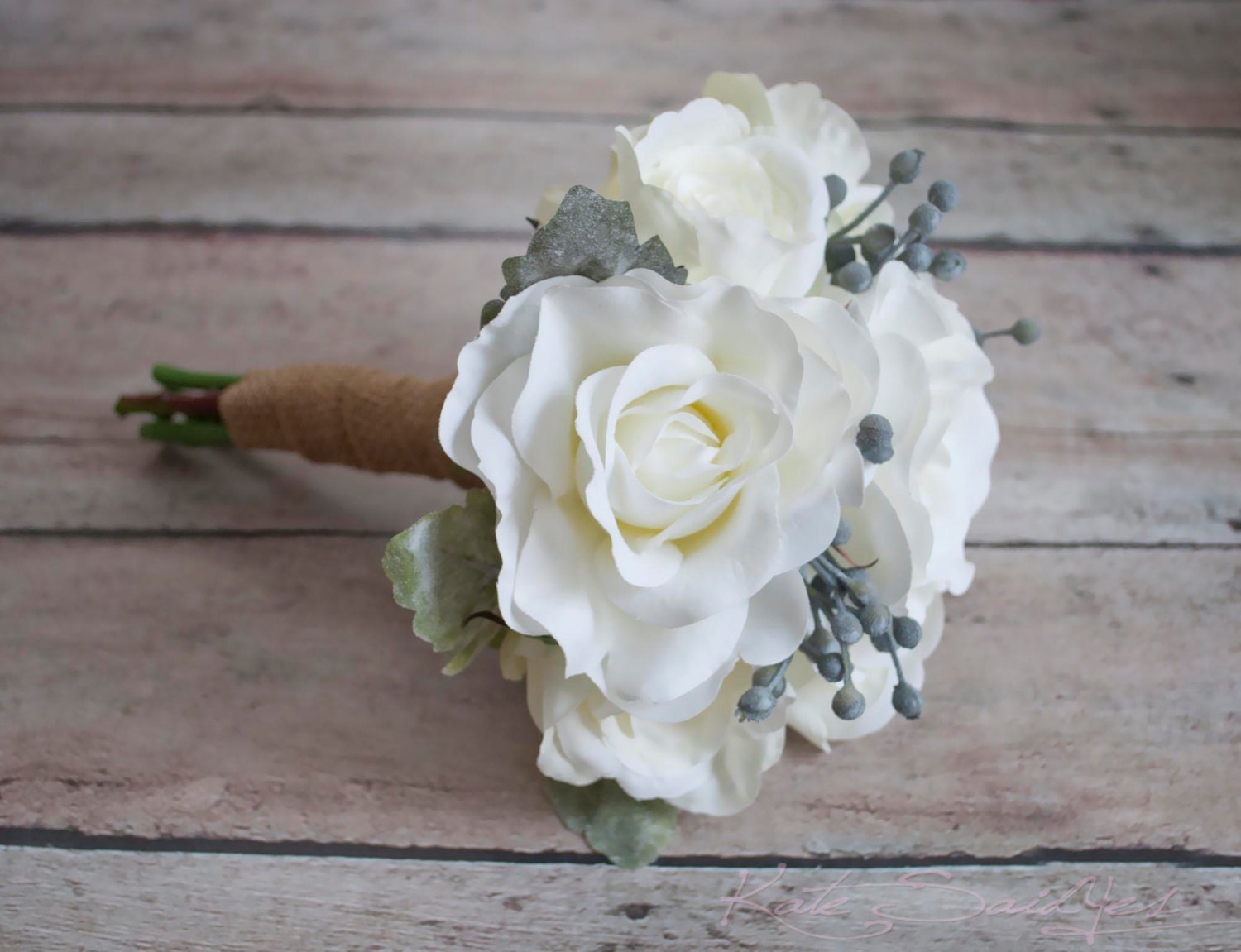 White Rose Wedding Bouquet With Silver Brunia And Dusty Miller 