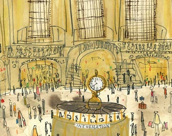Grand Central Station New York Art Print from Watercolor Painting and Pencil Drawing by Clare Caulfield Train Station NYC