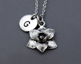 Magnolia flower necklace, Silver Magnolia flower charm, garden charm, Magnolia jewelry, initial necklace, personalized, monogram