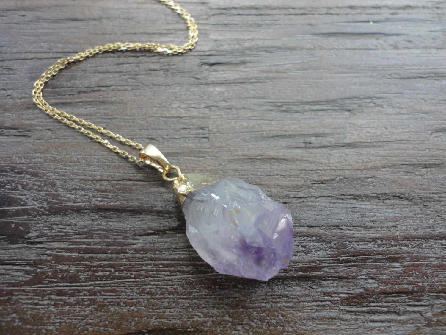 Amethyst Raw Crystal Drop Gold Pendant Necklace/Purple and Gold
