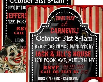 Evil clown invite, scary clown invitations, clown halloween party invitations, creepy halloween invites, pennywise invites INVHWN02