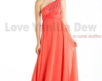 Bridesmaid Dress Infinity Dress Coral with Chiffon Overlay Floor Length Maxi Wrap Convertible Dress Wedding Dress