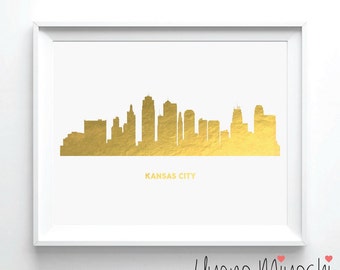 Kansas City Skyline Gold Foil Print, Gold Print, Map Custom Print in Gold, Illustration Art Print, Kansas City Skyline Gold Foil Art Print