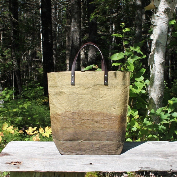 Medium Waxed Dyed Cotton Canvas Tote Bag Green Leather