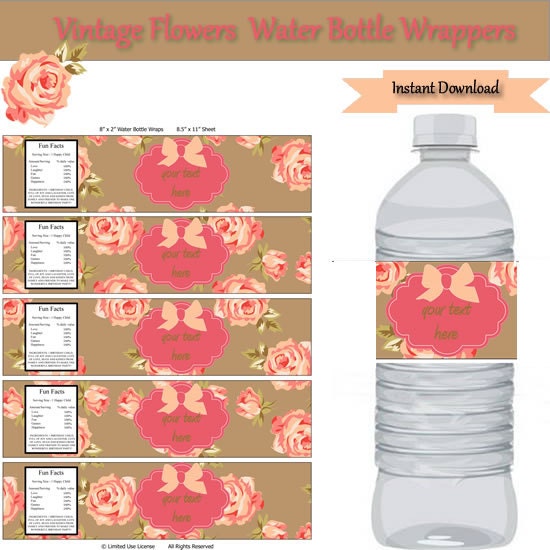Shabby Chic Roses Party Water Bottle Label Wrappers Instant Download Editable Template Type Water Bottle Wrapper Template