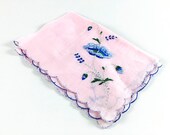 Vintage Pink Handkerchief Embroidered Blue Flower Floral 1950 New Retro Bridal Bride Accessory Ladies Women Hankie Vintage Pink Handkerchief Embroidered Blue Flower Floral 1950 New Retro Bridal Bride Accessory Ladies Women Hankie