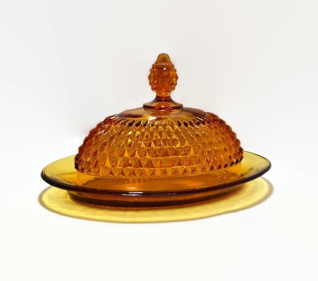 Amber Glass Oval Covered Butter Dish Indiana Diamond Point