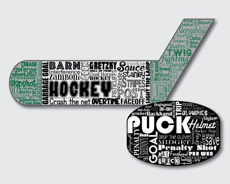 Ice Hockey Puck & Stick Skater / Word Art Typography / Wall