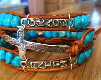 Sterling Silver Cross, Faith & Grace with Authentic Arizona Sleeping Beauty Turquoise Gem Wrap Bracelet, Christian, Western Jewelry, Cowgirl