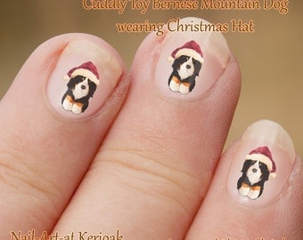 Christmas Cuddly Bernese Mountain Dog Nail Art Stickers, wearing santa hat, cute nail stickers, Decals, simple to use, fun gift