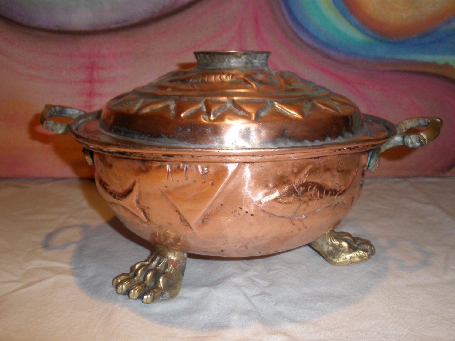 Antique Copper Serving Dish Circa 1910 Lidded Fish Design