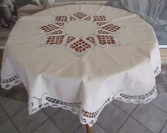 Beautiful Vintage 60s French Hand made Lace Cream Tablecloth/ Lovely Cottage Home Tablecloth/ Vintage Round Handmade Tablecloth