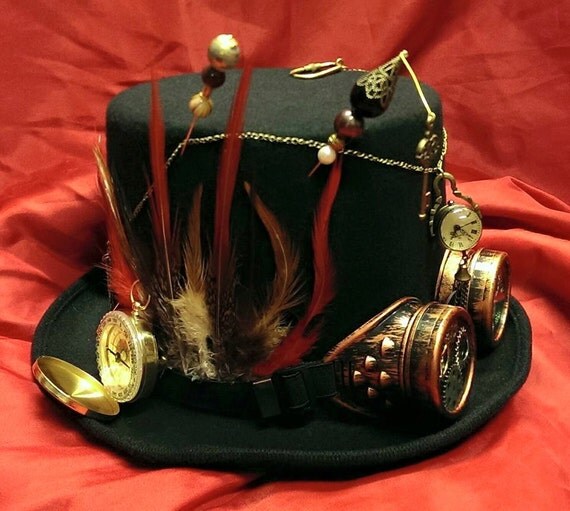 Steampunk Festival Nautical Wool/Felt Top Hat Compass Spinning Pocket Watch Telescope Kracken Octopus Goggles Keys Skull Burning Man Cosplay by Mad4Hats steampunk buy now online