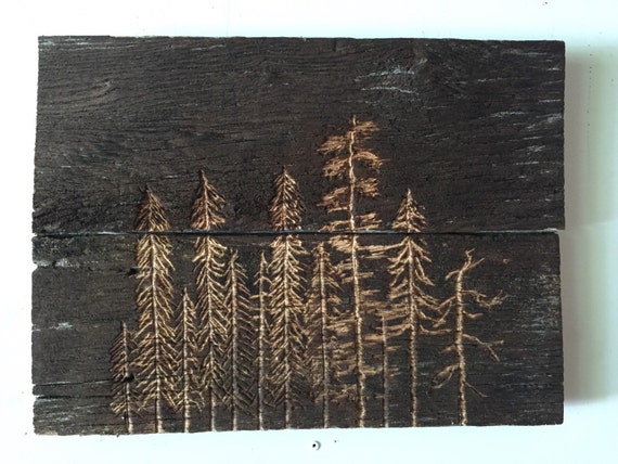 Items similar to Pine tree forest on reclaimed fence wood, carved on Etsy