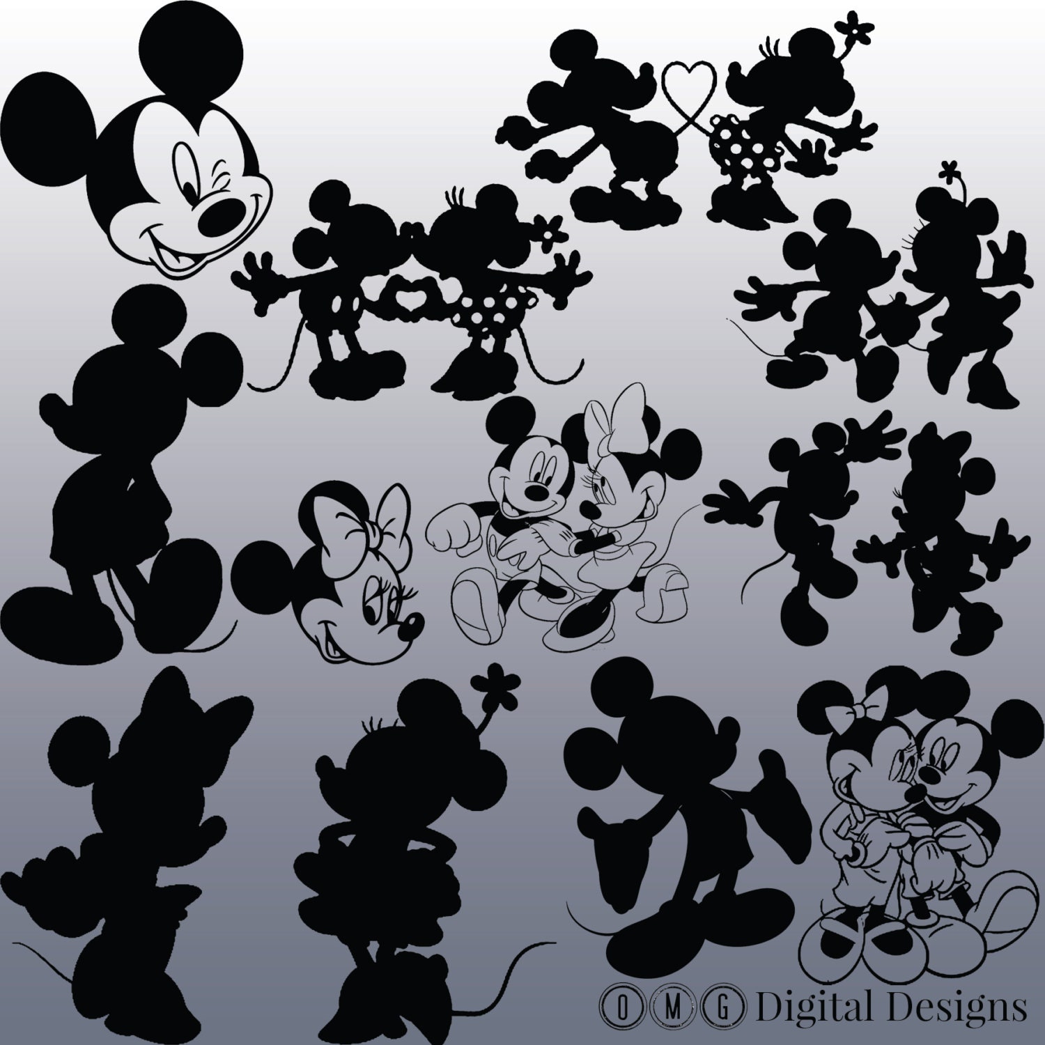 12 Mickey and Minnie Silhouette Clip Art Clipart Design