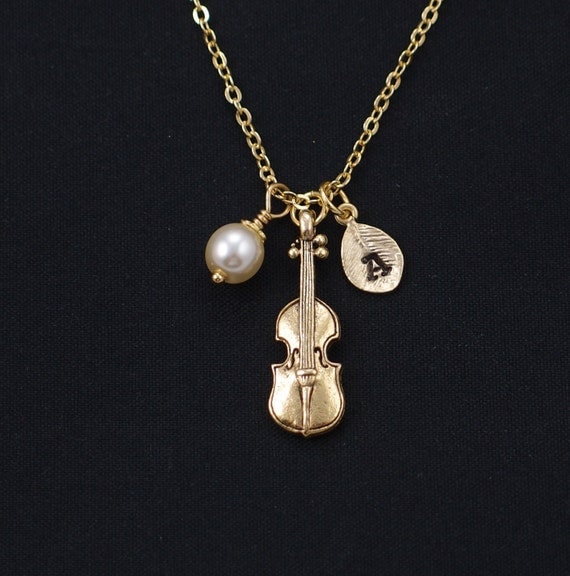 violin necklace gold filled initial necklace Swarovski