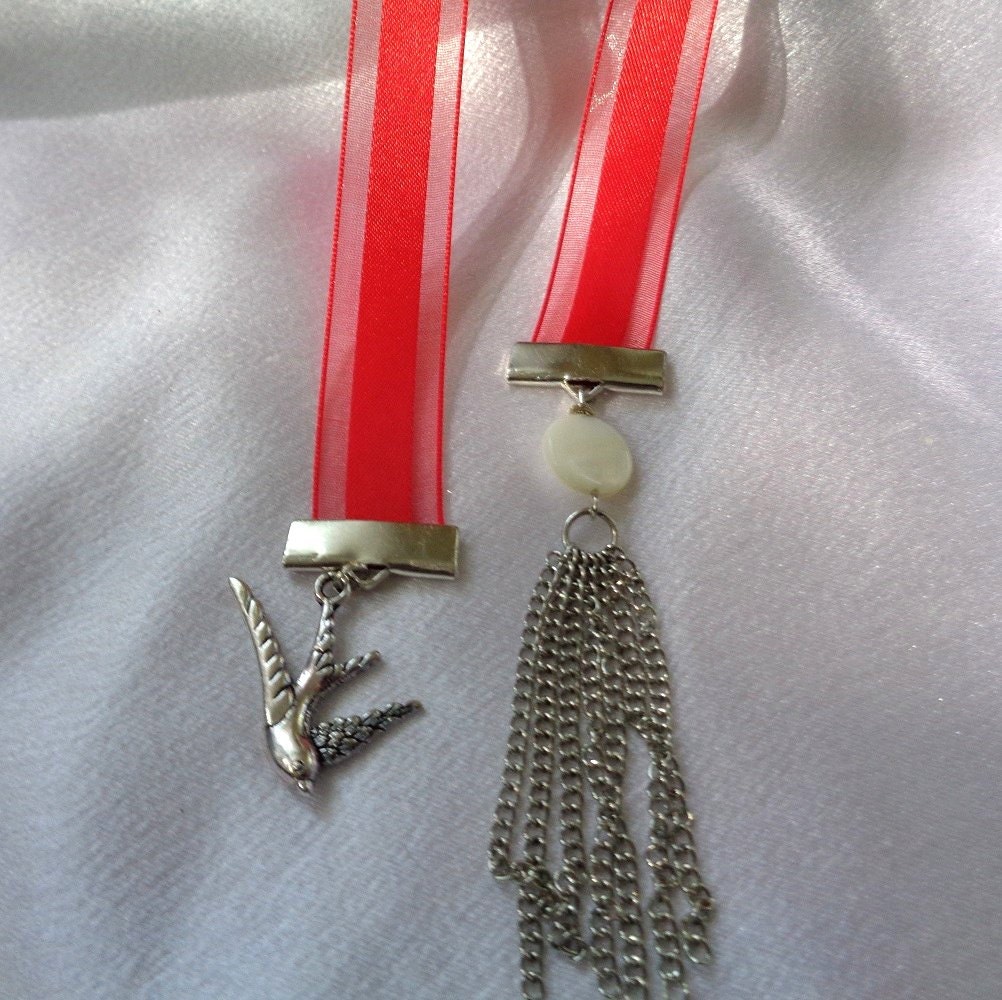 Lovely Red Ribbon Bookmark with Soaring Bird Charm & Tassel