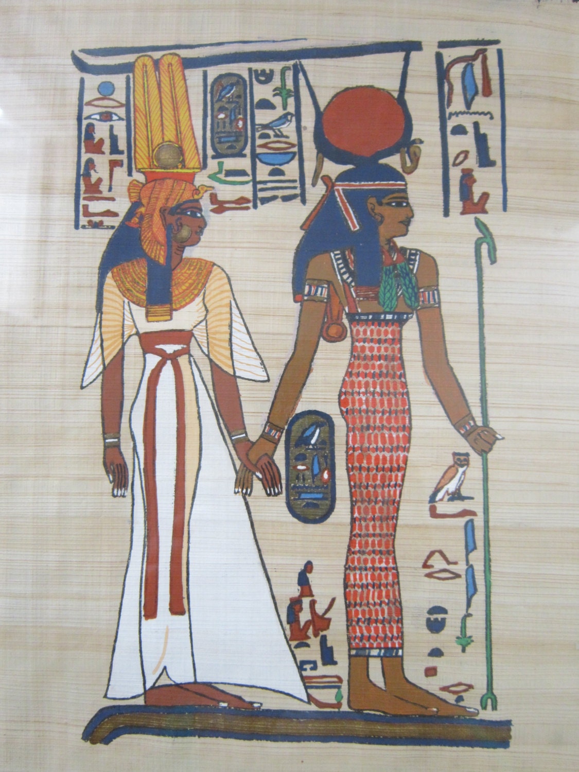 Vintage Egyptian Papyrus Painting Isis Leading The Queen