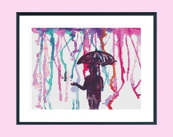Cross stitch pattern, modern cross stitch pattern, pink umbrella watercolour cross stitch pattern, instant download