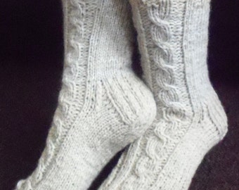 Cream-beige hand knit socks,sheep,mohair wool,thick,cable design bed socks,slippers,UK 4-12,US 5-13,EU 35-47