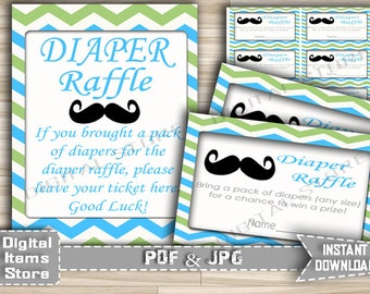 Printable Mustache Diaper Raffle Ticket Chevron Blue Green - Little Man Diaper Cards Mustache Diaper Raffle Sign - Instant Download - m2