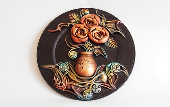 3D Hand-Painted Leather Wall Art Decor, Wooden Plate, Hand Painted Ceramic Vase, Leather Roses, Leather Leaves, Unique Gift