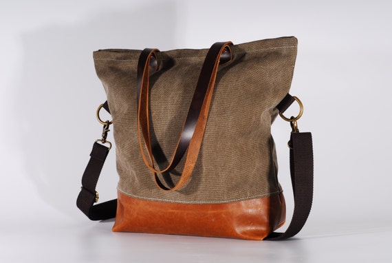 Folding bag - Convertible Tote, Canvas Base Cotton Adjustable Strap - Leather Handles/Canvas and Leather Tote/Heavy duty tote bag