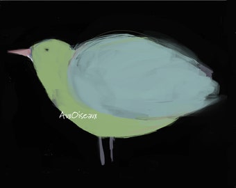 Oiseau bleu, vert, rose, pastel, fond noir, dessin numérique original, impression de qualité, type giclée. Cadre non-inclus.