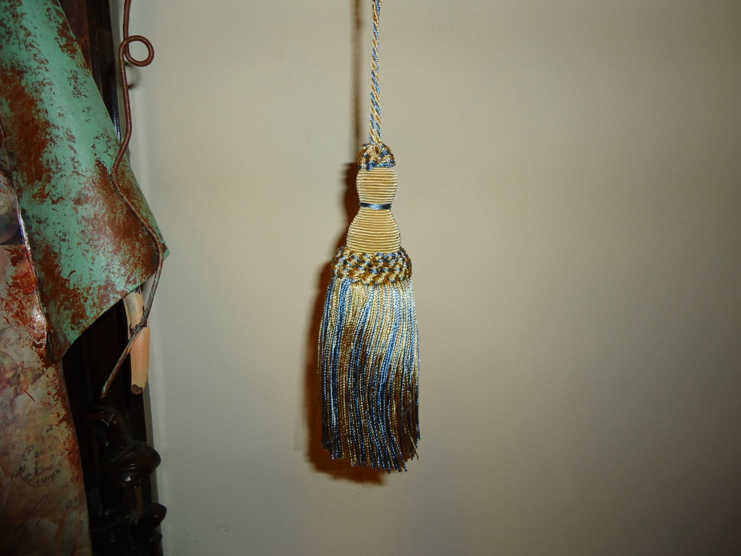Decorative Key or Armoire Tassel in Butter Gold and Pale Blue