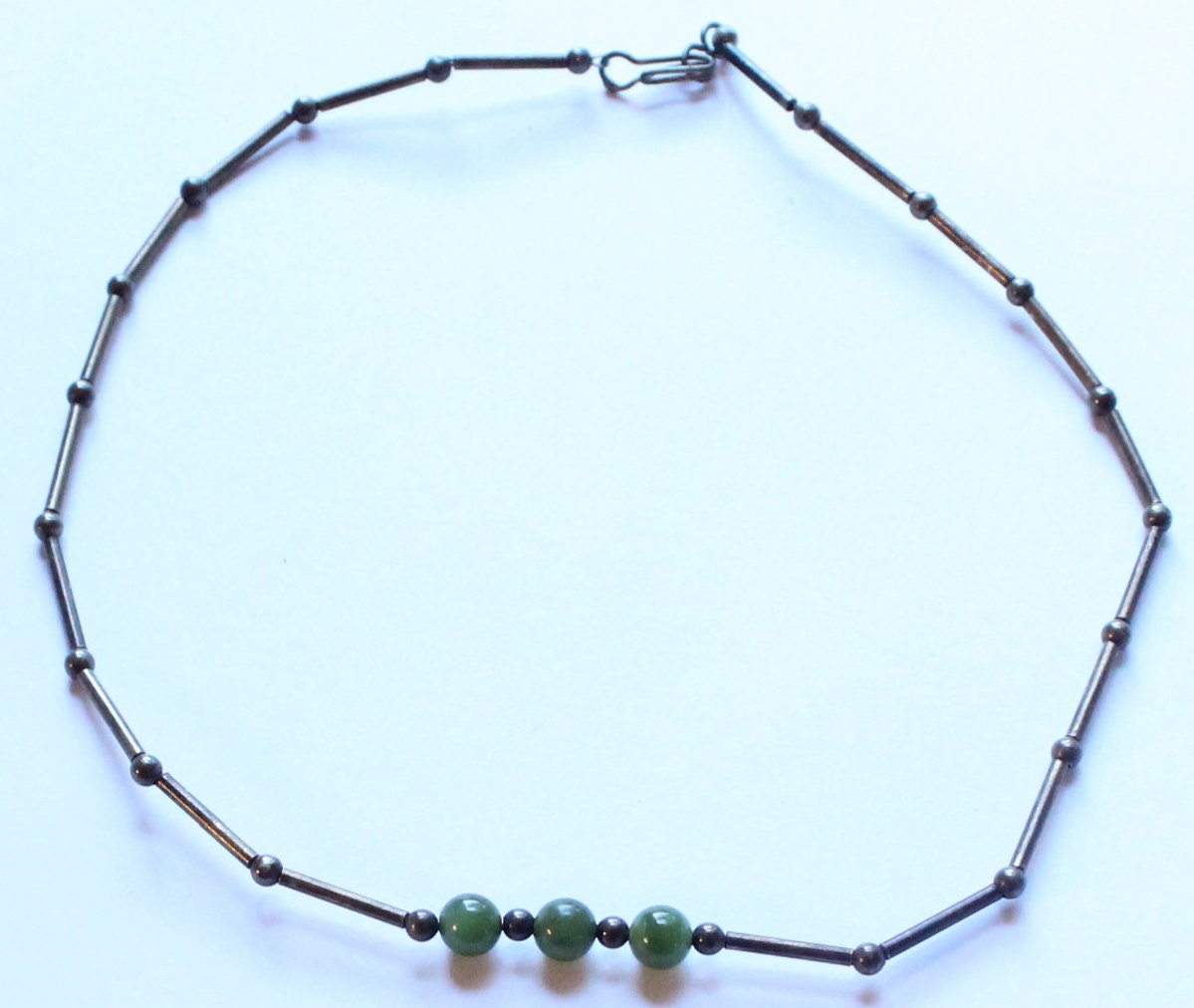 Vintage Sterling Silver & Jade Beaded Choker Necklace by paststore