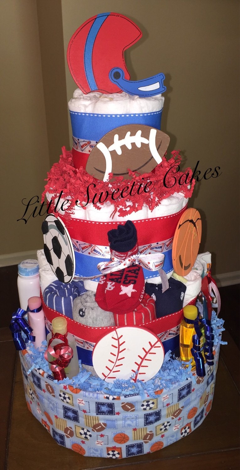 4 Tier Sports Themed Baby Boy Diaper Cake Baseball Football