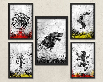 Game of Thrones Inspired Art, Watercolor Game of thrones, House Stark, House Lannister, House Targaryen, House Greyjoy, House Baratheon
